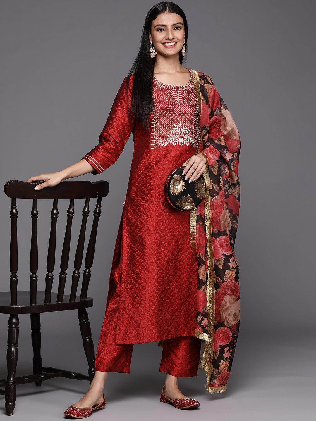 Varanga Red Embroidered Kurta Paired With Straight Bottom And Contrast Bottom - Indiakreations