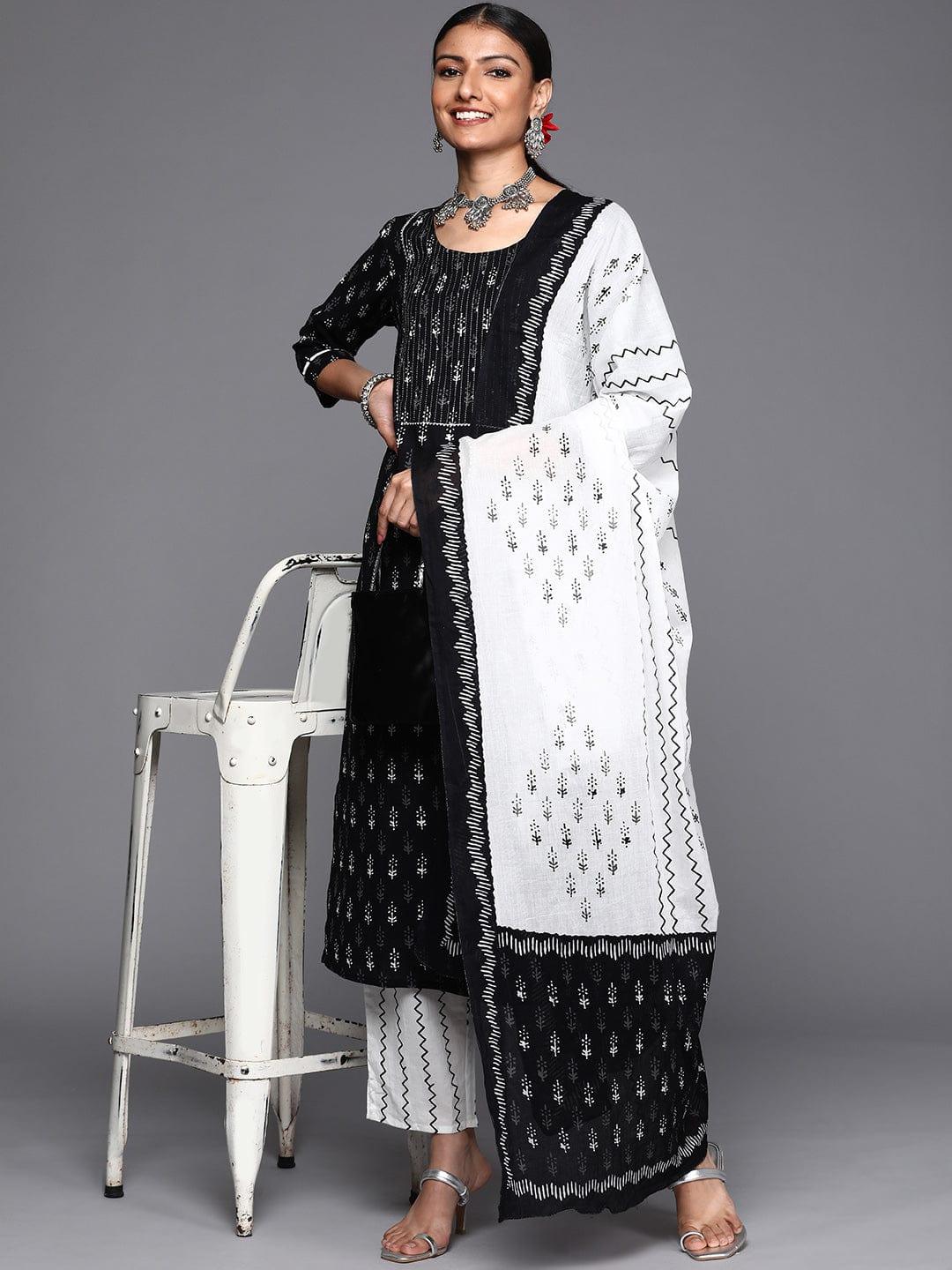 Varanga Women Black Ethnic Motifs Printed Pure Cotton Kurta with Trousers & Dupatta - Indiakreations