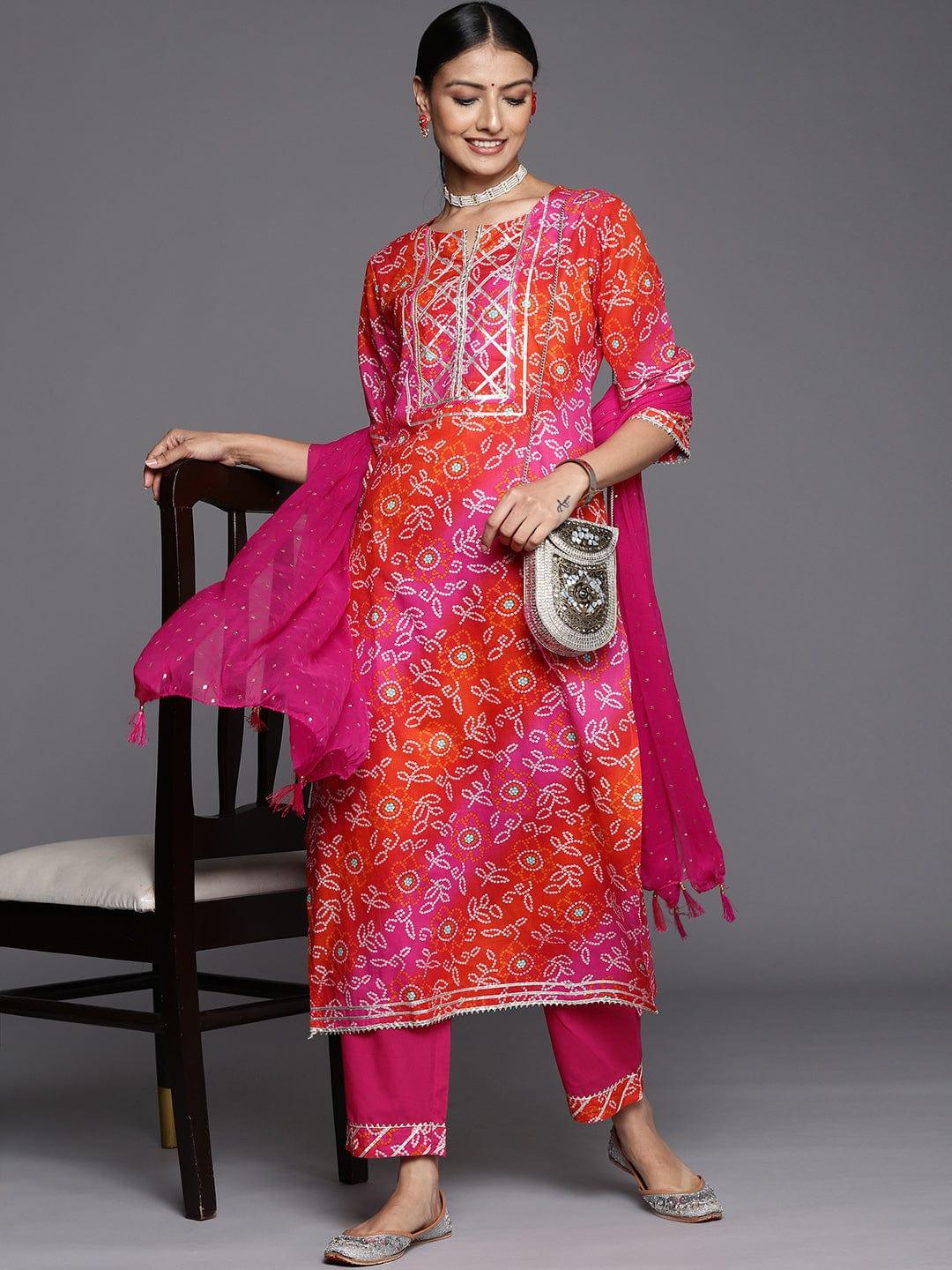 Varanga Women Pink Bandhani Printed Gotta Patti Pure Cotton Kurta with Trousers & With Dupatta - Indiakreations