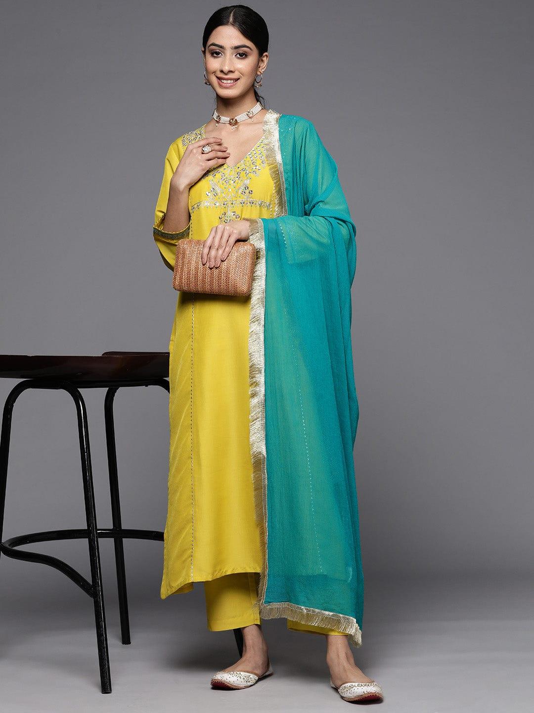 Varanga Ethnic Motifs Embroidered Sequinned Kurta With Trousers & With Dupatta - Indiakreations