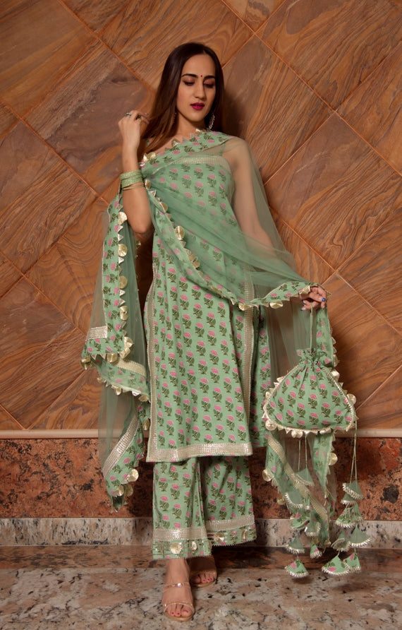 Women's Mishika Green Hand Block Suit Set  - Pomcha Jaipur