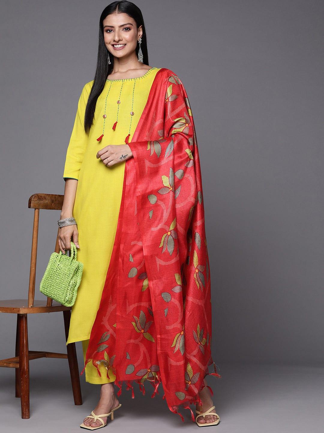 Varanga Women Lime Green Yoke Design Thread Work Kurta with Trousers & Dupatta - Indiakreations