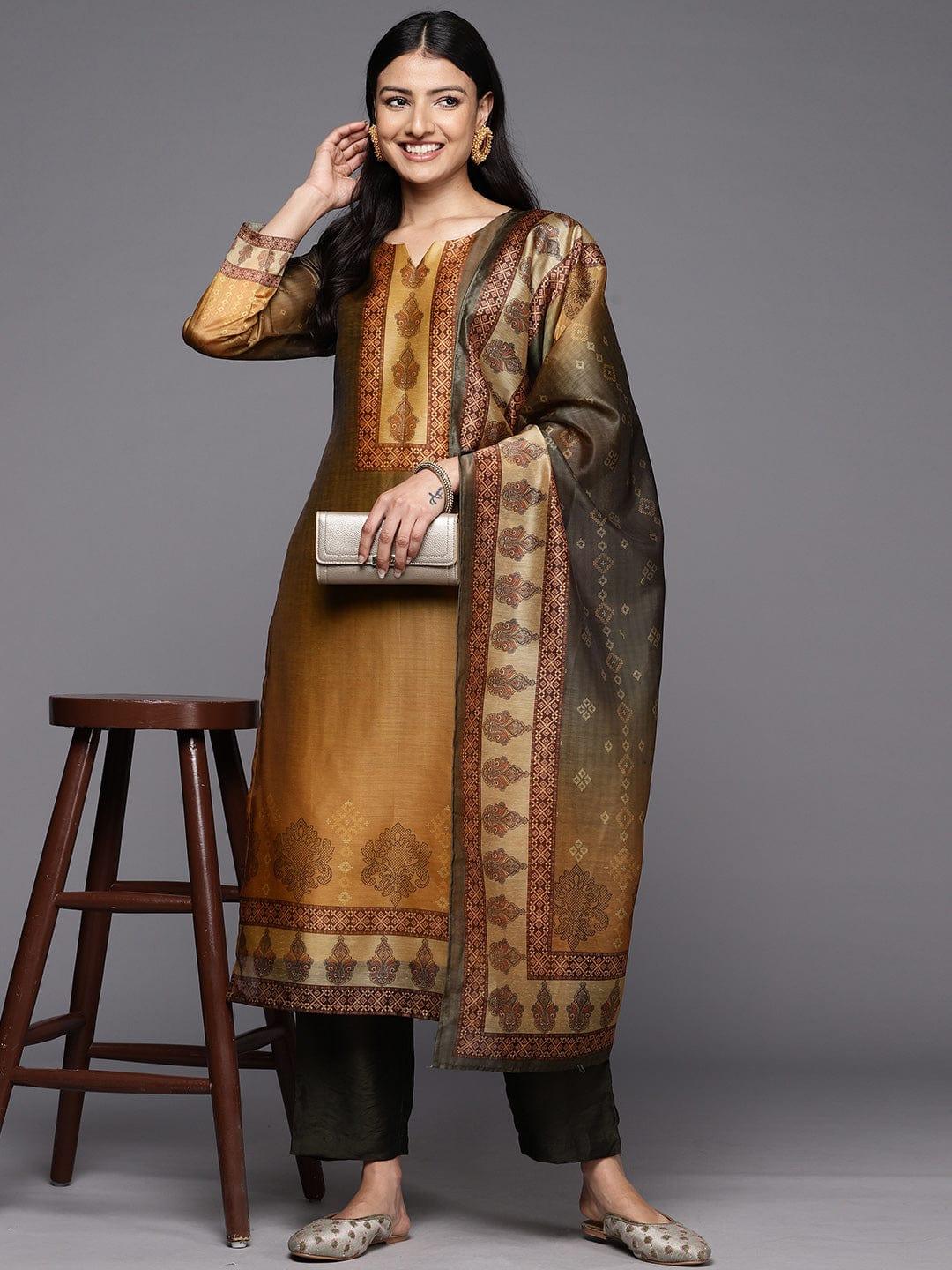 Varanga Ethnic Motifs Printed Chanderi Silk Kurta With Trousers & With Dupatta - Indiakreations