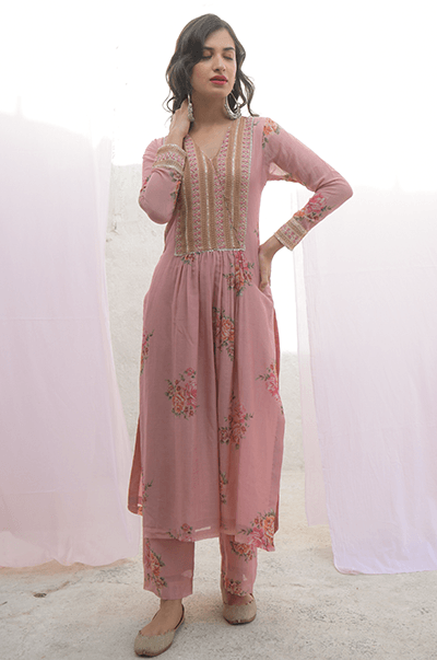 Ambara Soft Pink digital printed yoke kurta with palazzo and mint dupatta - RTS - Indiakreations