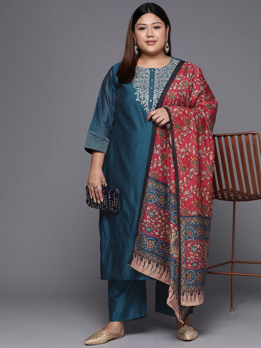 Varanga Women Plus Size Teal Blue Yoke Design Chanderi Silk Kurta with Trousers & Dupatta - Indiakreations