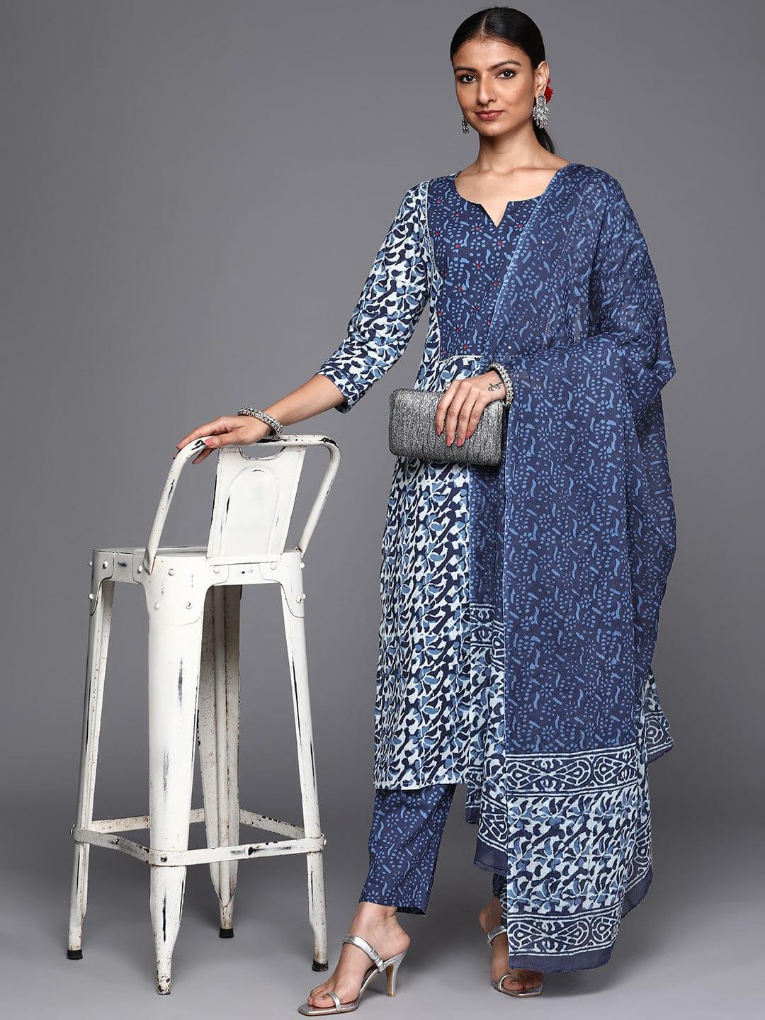 Varanga Women Blue Ethnic Motifs Printed Pure Cotton Kurta with Trousers & Dupatta - Indiakreations