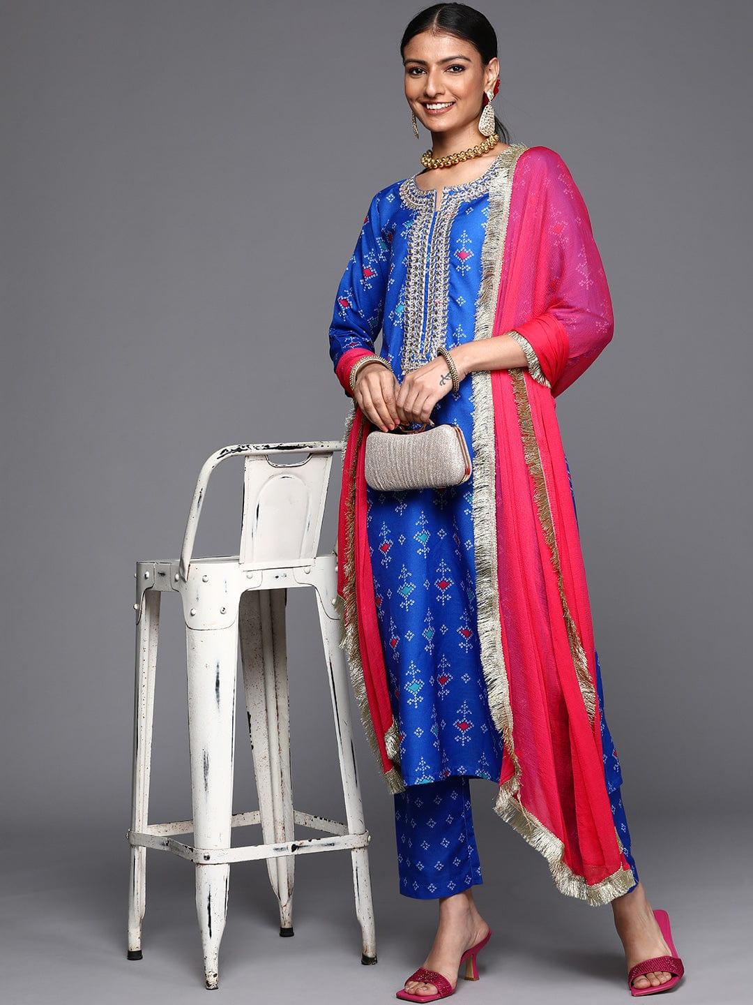 Varanga Women Blue Bandhani Printed Gotta Patti Kurta with Trousers & Dupatta - Indiakreations