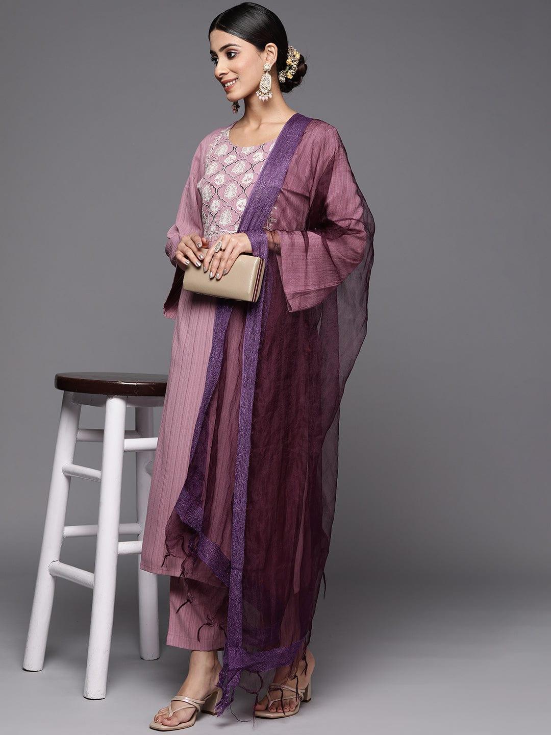 Varanga Women Mauve Ethnic Motifs Yoke Design Kurta with Trousers & With Dupatta - Indiakreations