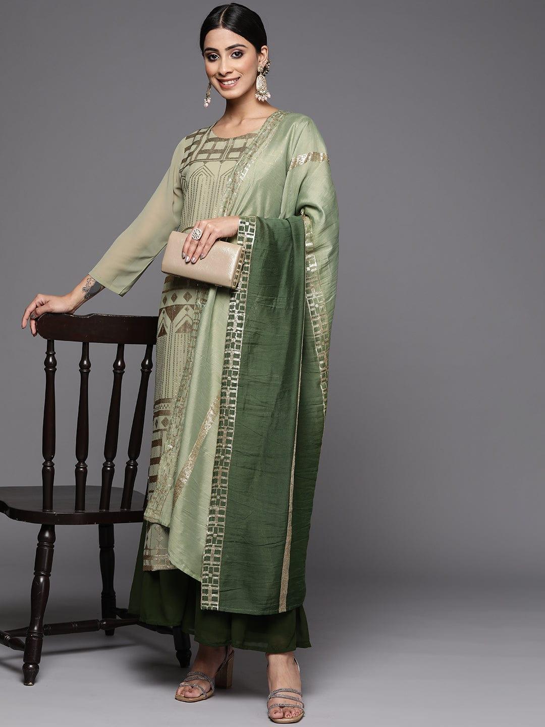 Varanga Women Green Embroidered Sequinned Kurta with Trousers & With Dupatta - Indiakreations