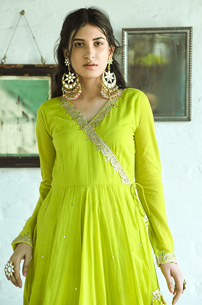 Bhanvara Neon Green Anarkali with printed palazzo and dupatta - Set of 3 - RTS - Indiakreations