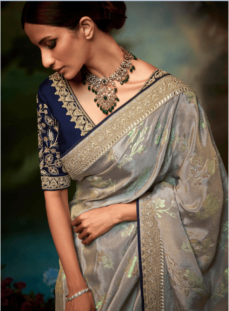 Designer Embroidered Grey Color Occasion Wear Silk Saree - Indiakreations
