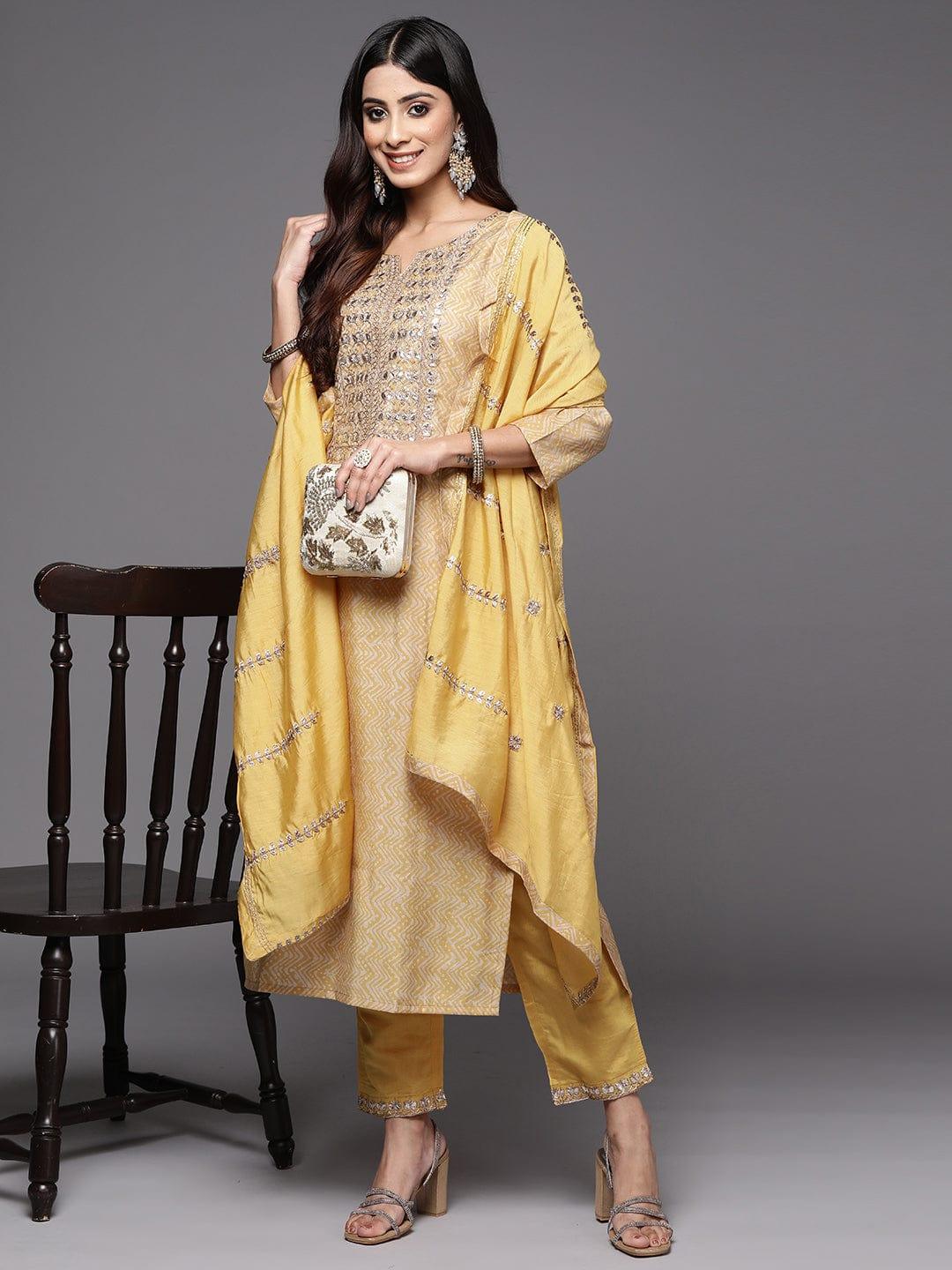 Varanga Women Mustard Yellow Printed Mirror Work Kurta with Trousers & Dupatta - Indiakreations