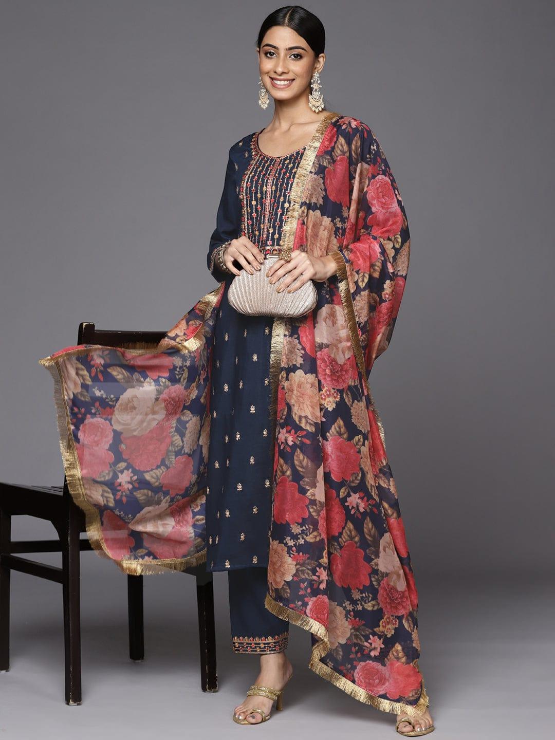 Varanga Women Blue Embroidered Kurta with Trousers & With Dupatta - Indiakreations