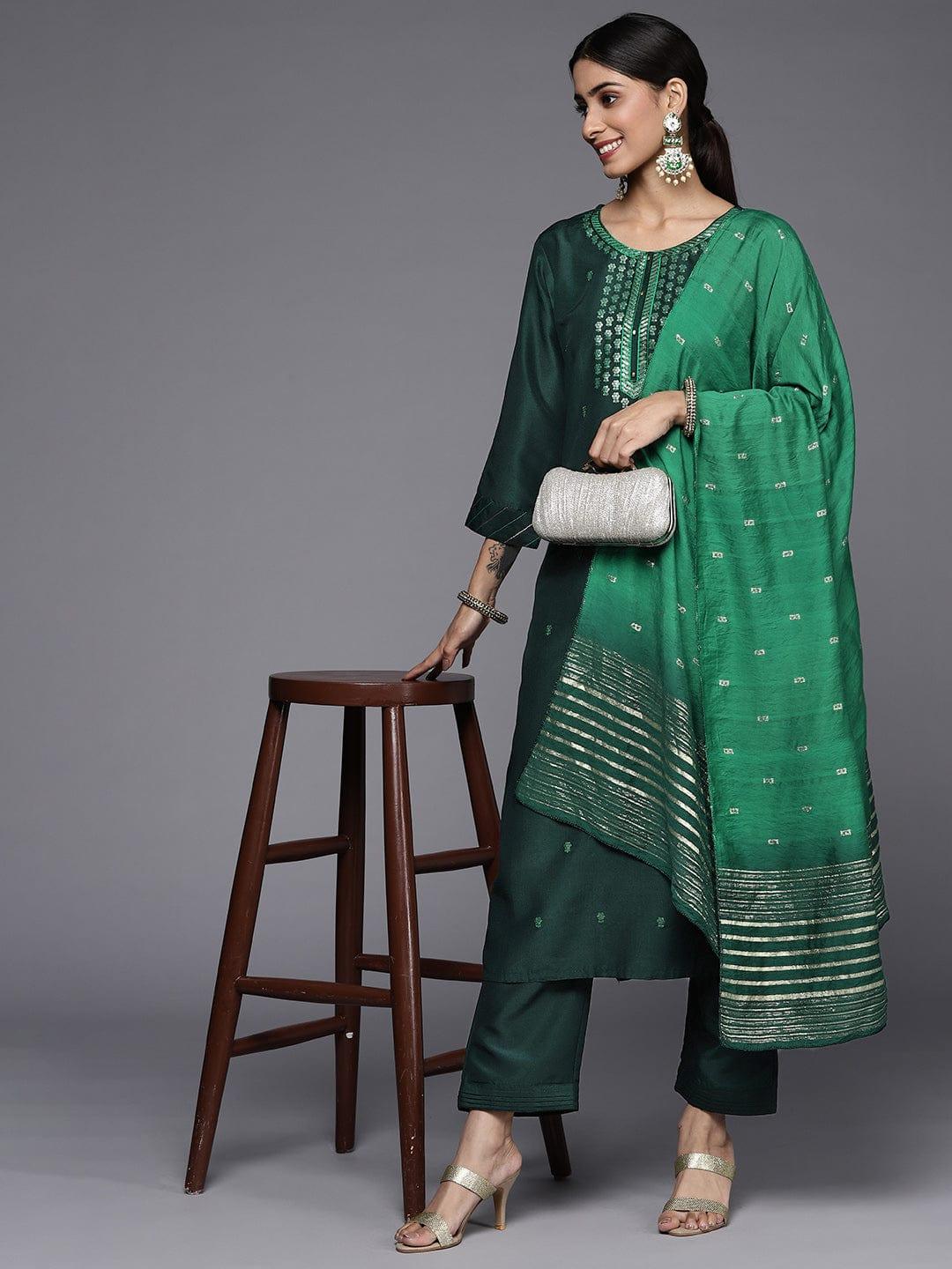 Varanga Women Green Ethnic Motifs Embroidered Kurta with Trousers & Dupatta - Indiakreations