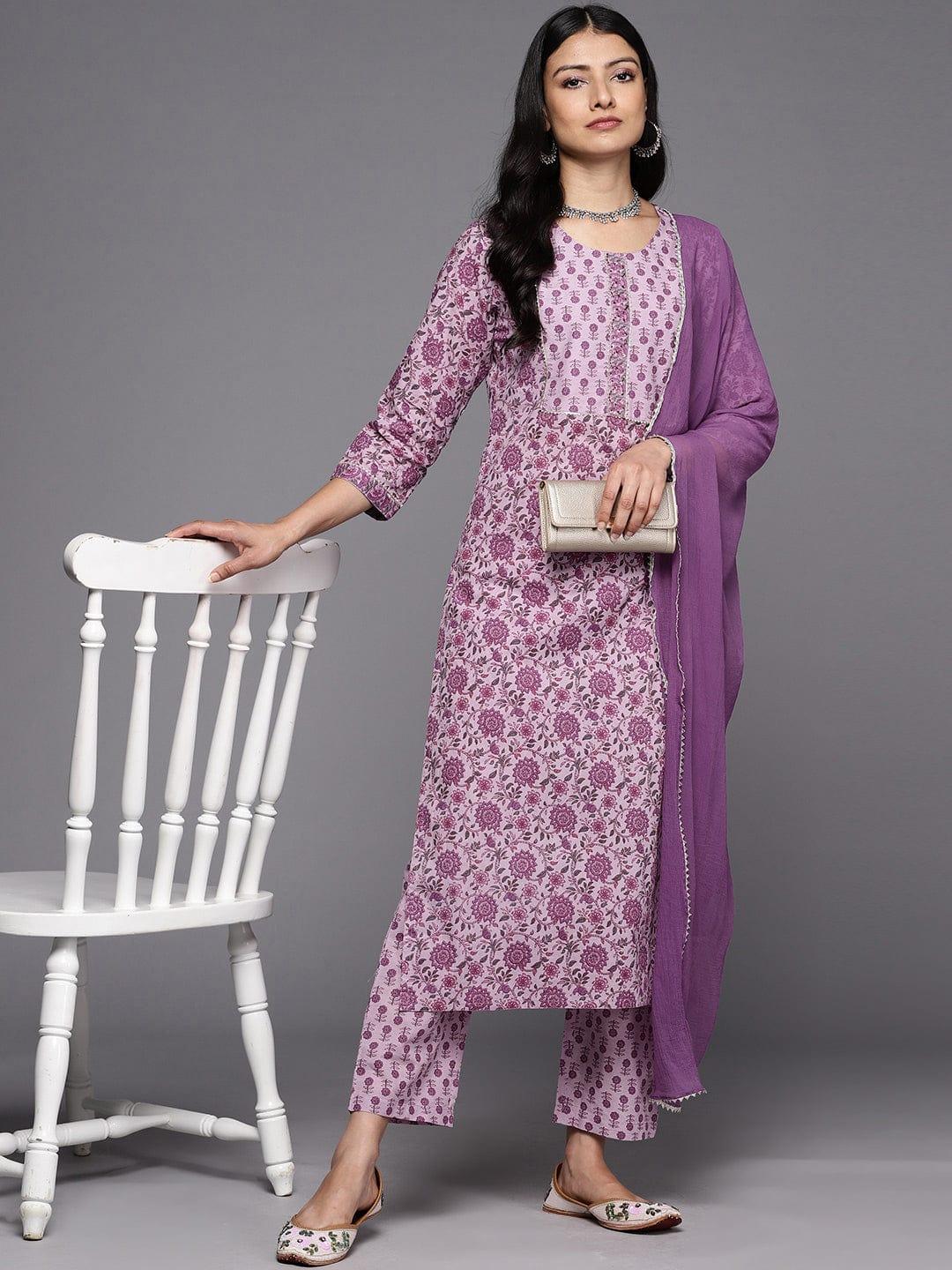 Varanga Floral Printed Gotta Patti Pure Cotton Kurta With Trousers & With Dupatta - Indiakreations