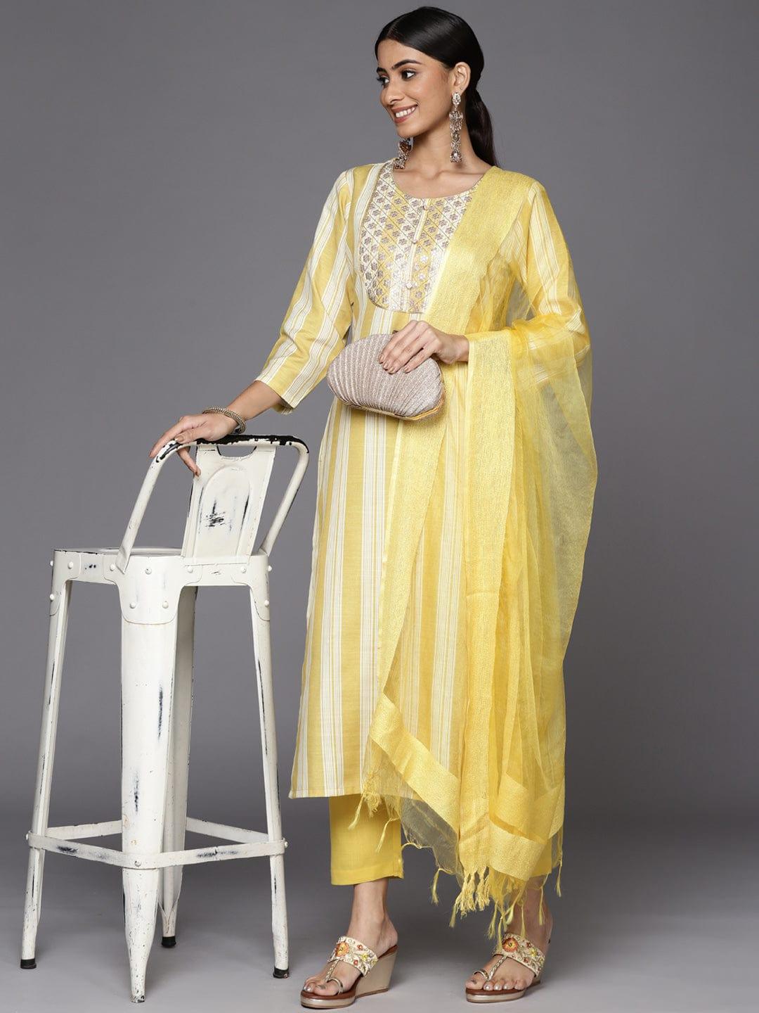 Varanga Women Yellow Striped Sequinned Kurta with Trousers & With Dupatta - Indiakreations