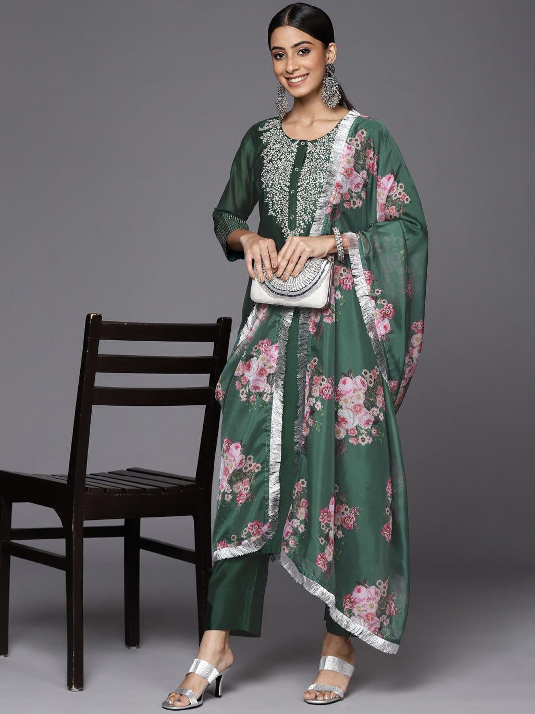 Varanga Women Green Floral Yoke Design Chanderi Silk Kurta with Trousers & With Dupatta - Indiakreations