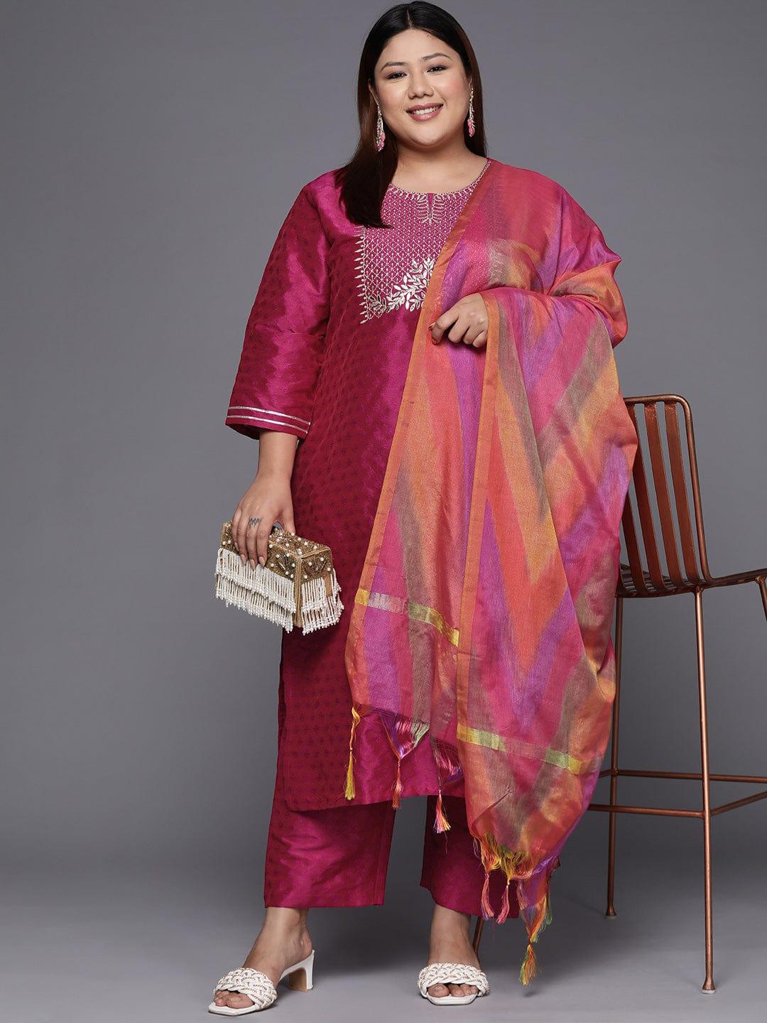 Varanga Women Plus Size Magenta Floral Embroidered Kurta with Trousers & Dupatta - Indiakreations