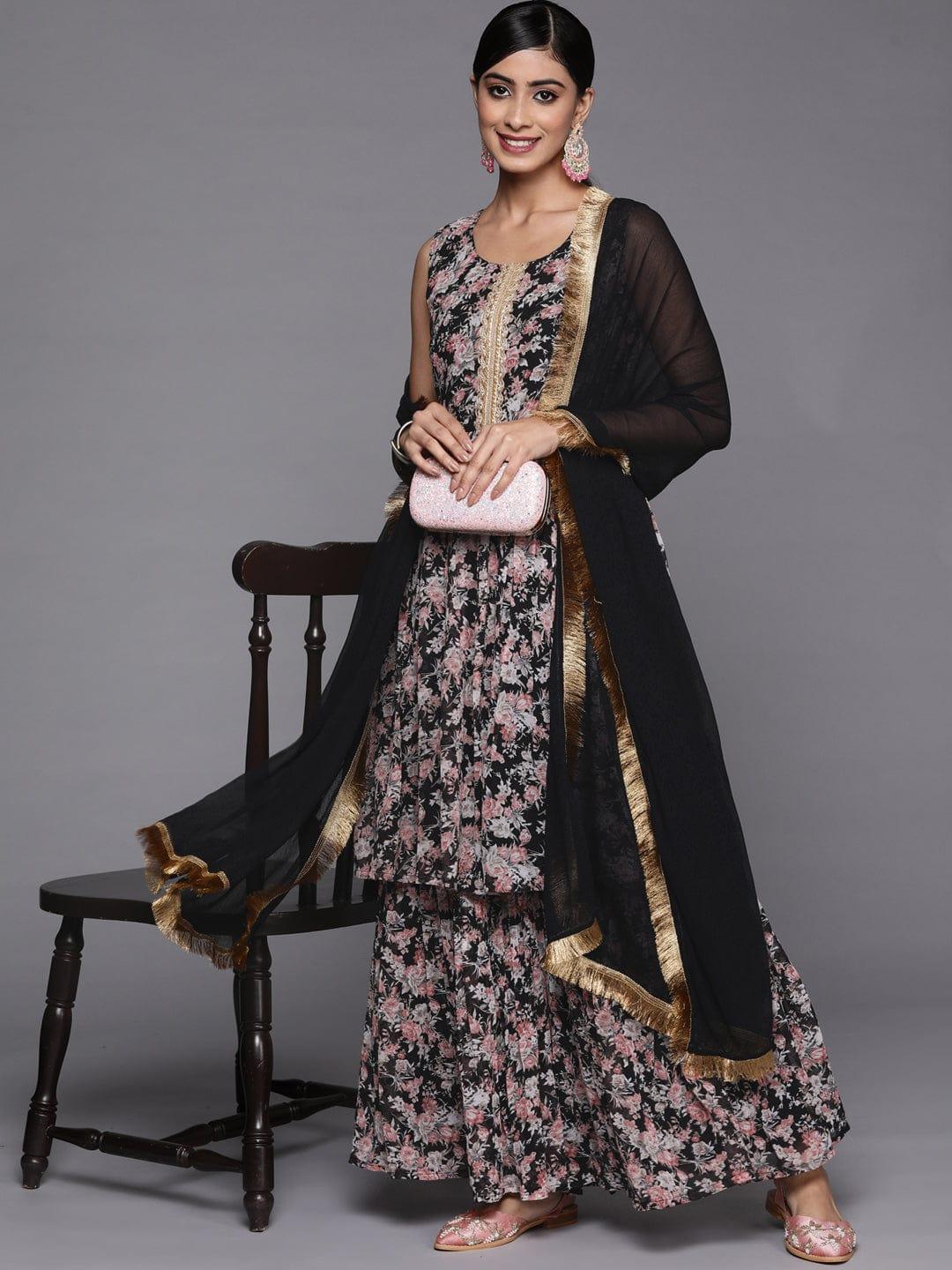 Varanga Women Black Floral Printed Empire Kurta with Sharara & With Dupatta - Indiakreations