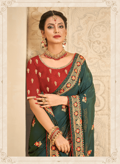 Reception Wear Crepe Silk Embroidery Saree In Dark Green - Indiakreations