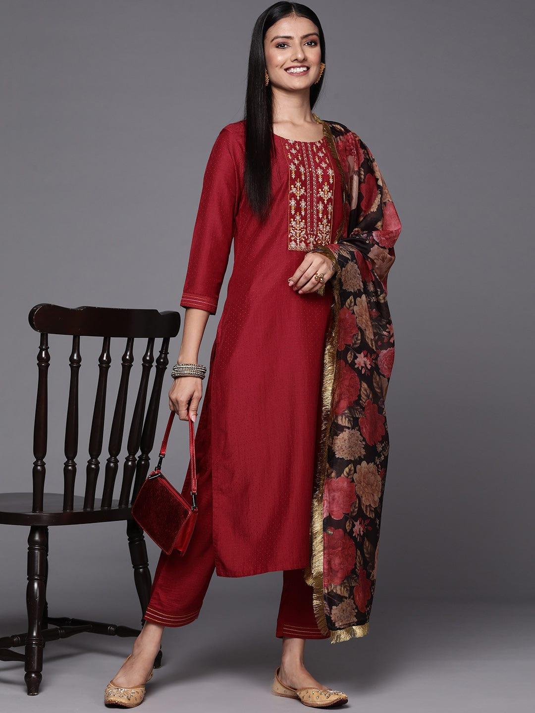 Varanga Women Maroon & Beige Floral Embroidered Thread Work Kurta with Trousers & Dupatta - Indiakreations