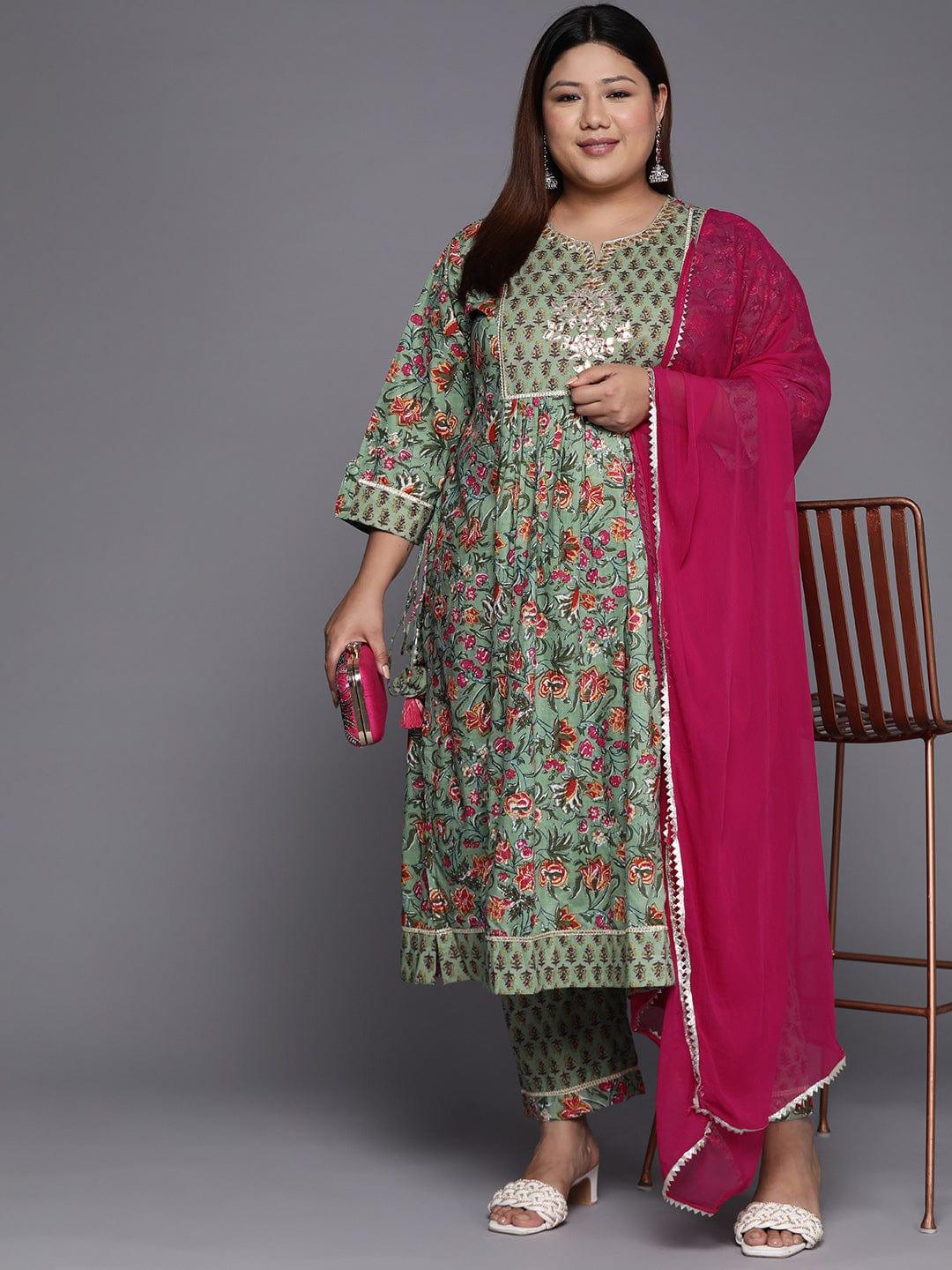 Varanga Women Plus Size Green Floral Printed Gotta Patti Pure Cotton Kurta with Trousers & Dupatta - Indiakreations