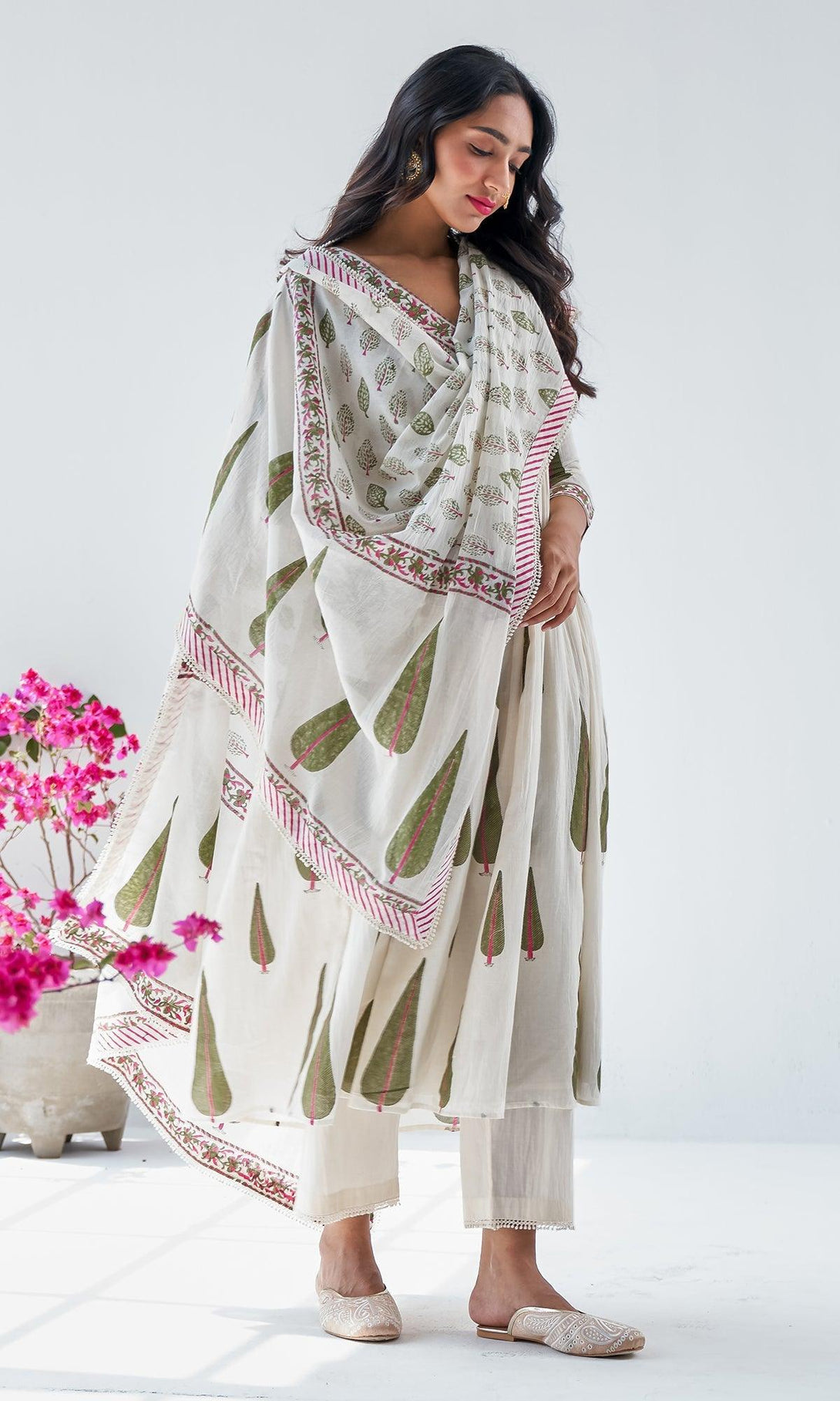 Firdaus Mughals Off White Block Printed Anarkali with Pants and Dupatta - Set of 3 RTS - Indiakreations