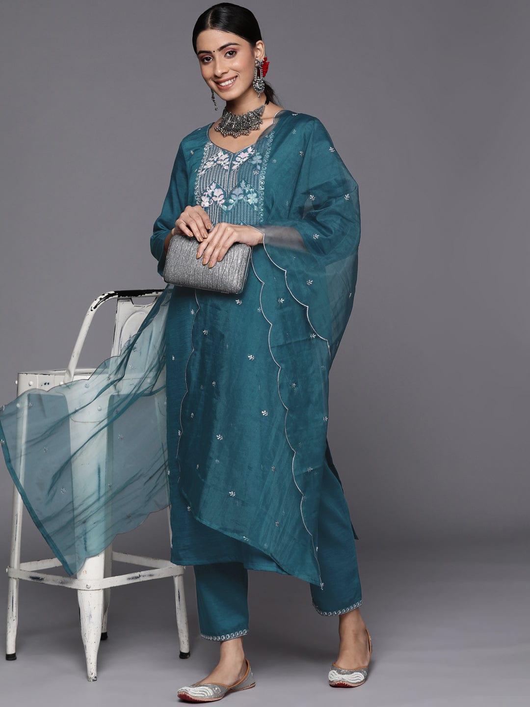 Varanga Women Teal Ethnic Motifs Embroidered Sequinned Kurta with Trousers & With Dupatta - Indiakreations