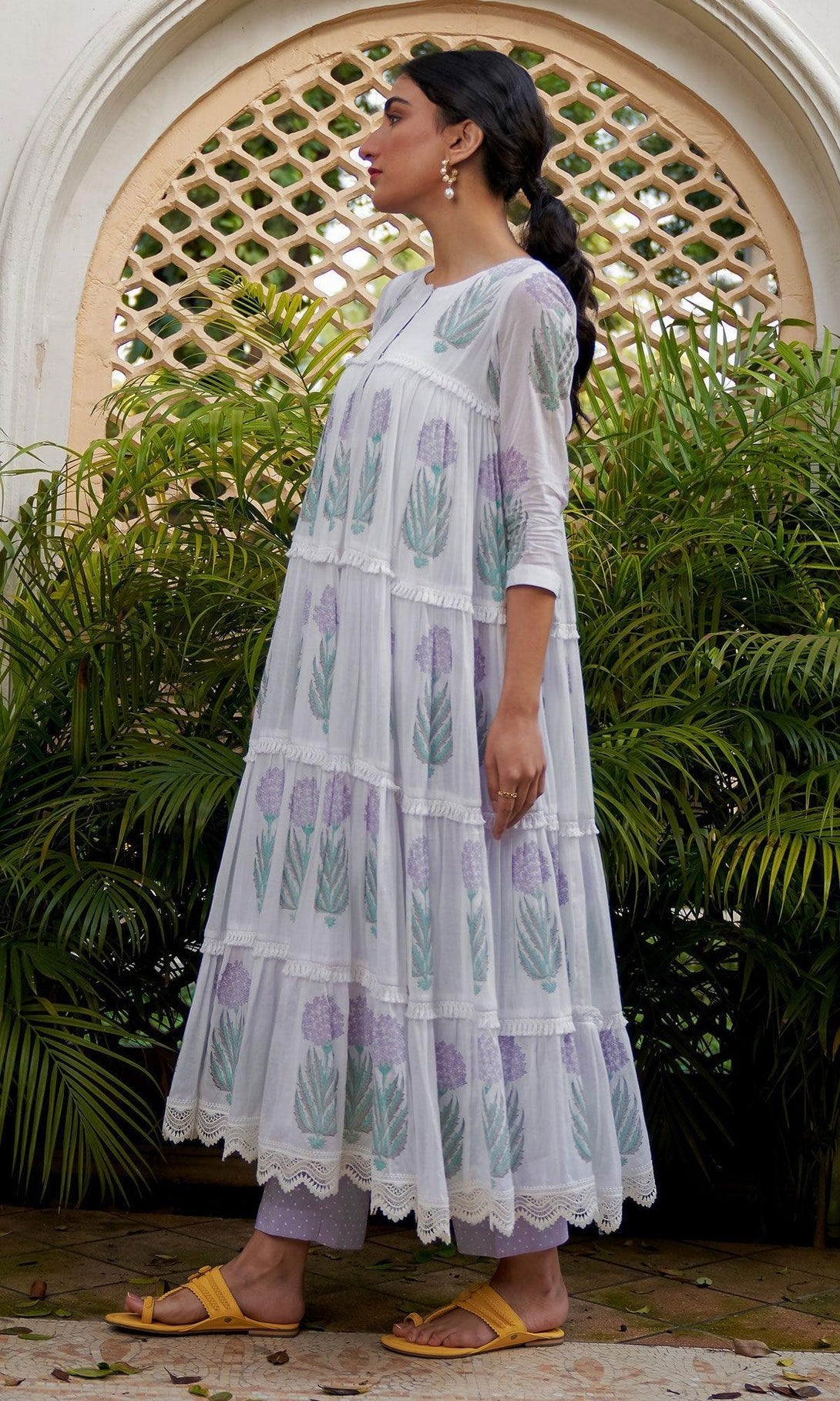 SUKOON LILAC PRINTED TIERED ANARKALI WITH PANTS AND DUPATTA - SET OF 3 - Indiakreations