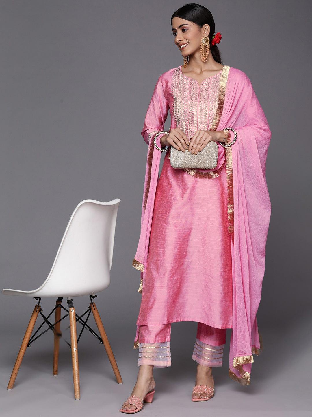 Varanga Women Pink Ethnic Motifs Embroidered Sequinned Dupion Silk Kurta with Trousers & With Dupatta - Indiakreations