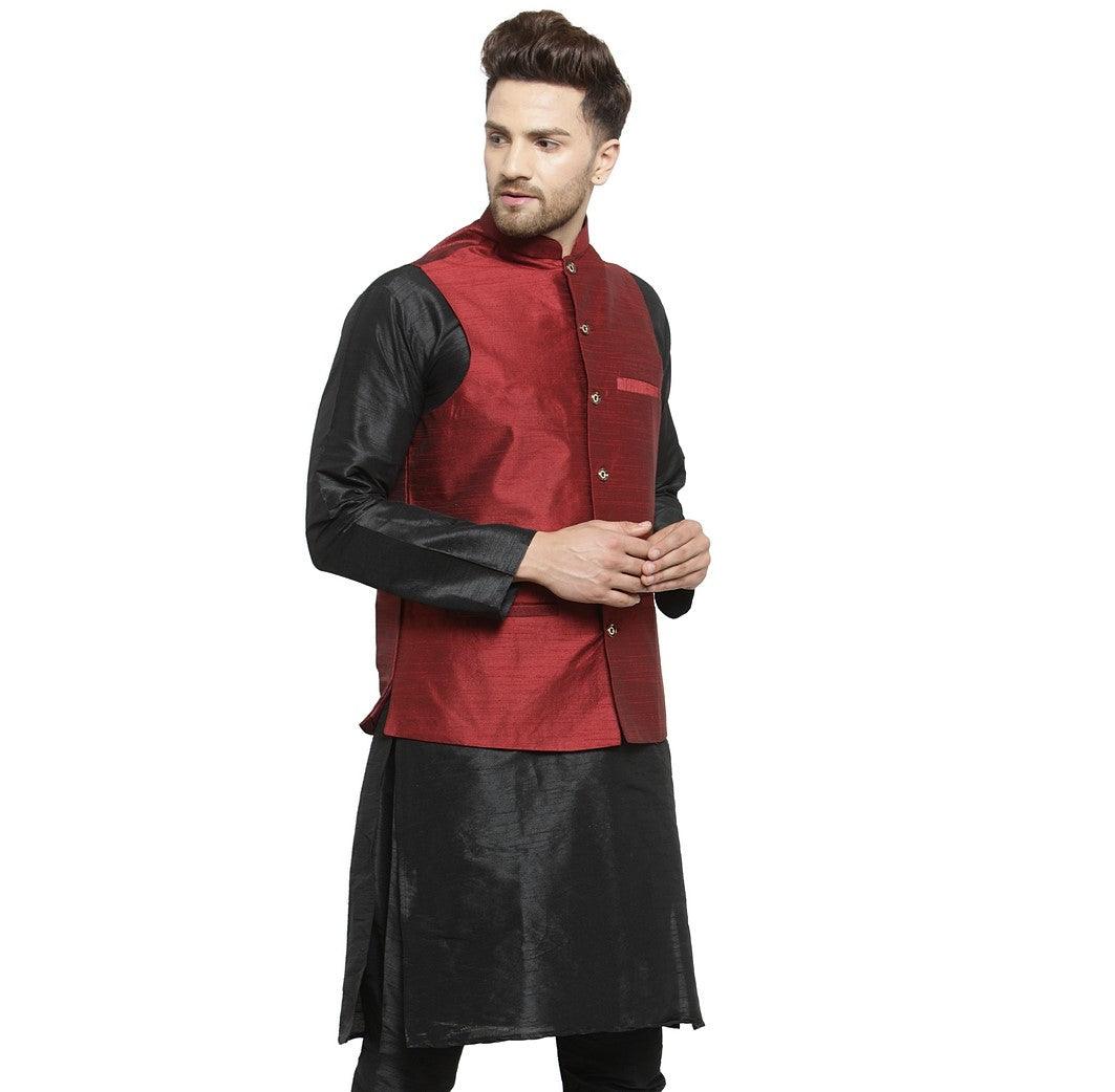 Men's Maroon Solid Nehru Jacket - Benstoke - Indiakreations