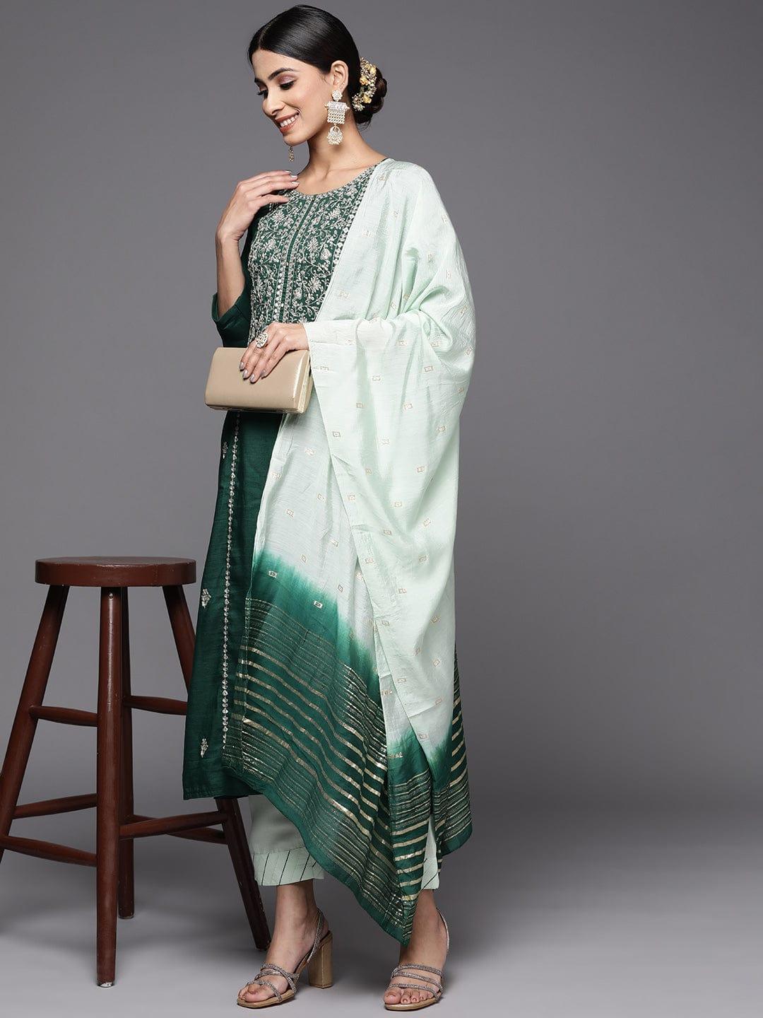 Varanga Women Green Embroidered Gotta Patti Pure Cotton Kurta with Trousers & Dupatta - Indiakreations