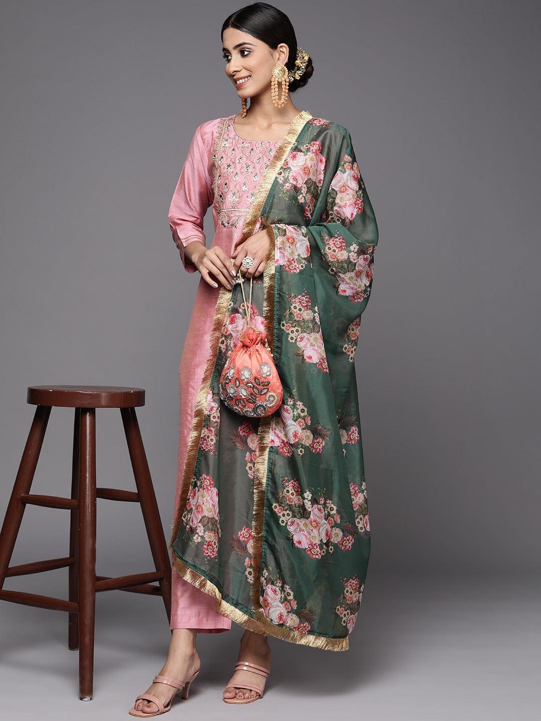 Varanga Women Pink Ethnic Motifs Embroidered Dupion Silk Kurta with Palazzos & With Dupatta - Indiakreations