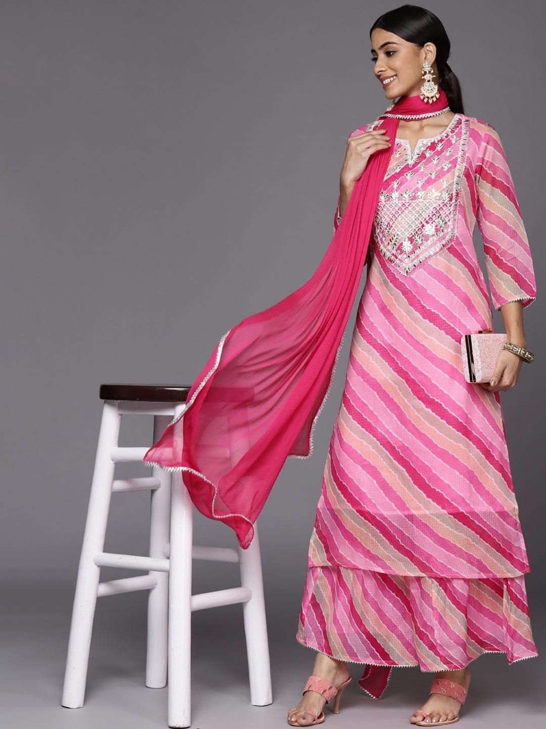 Varanga Women Pink Leheriya Printed Gotta Patti Chanderi Cotton Kurta with Sharara & With Dupatta - Indiakreations