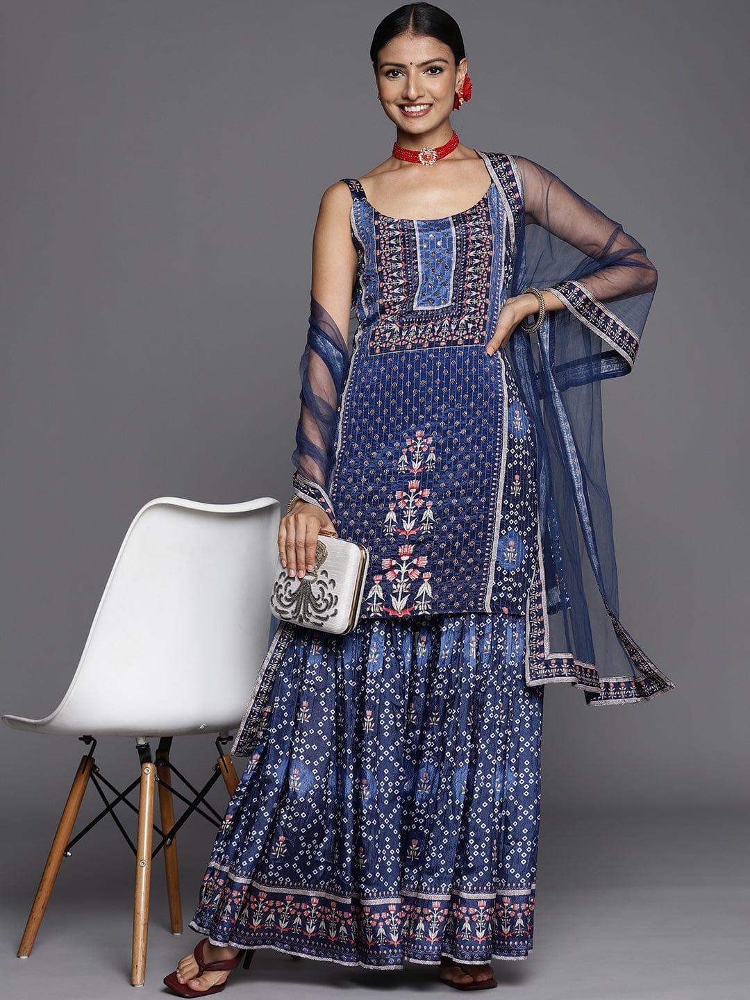 Varanga Women Navy Blue Ethnic Motifs Embroidered Sequinned Kurta with Trousers & With Dupatta - Indiakreations