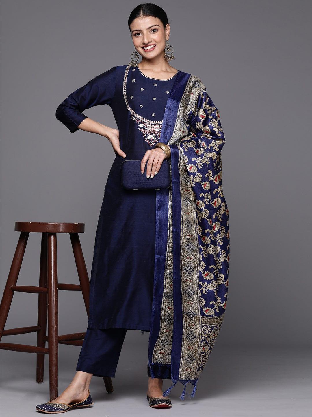 Varanga Women Embroidered Sequinned Silk Kurta with Trousers & Dupatta - Indiakreations