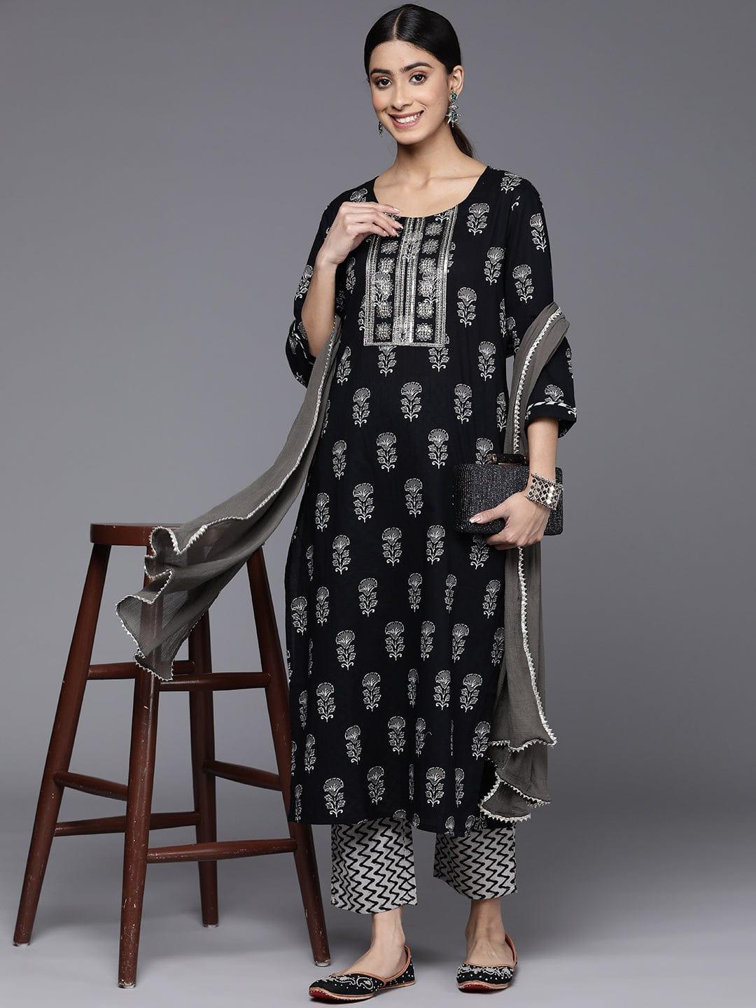 Varanga Ethnic Motifs Printed Sequinned Kurta With Trousers & With Dupatta - Indiakreations