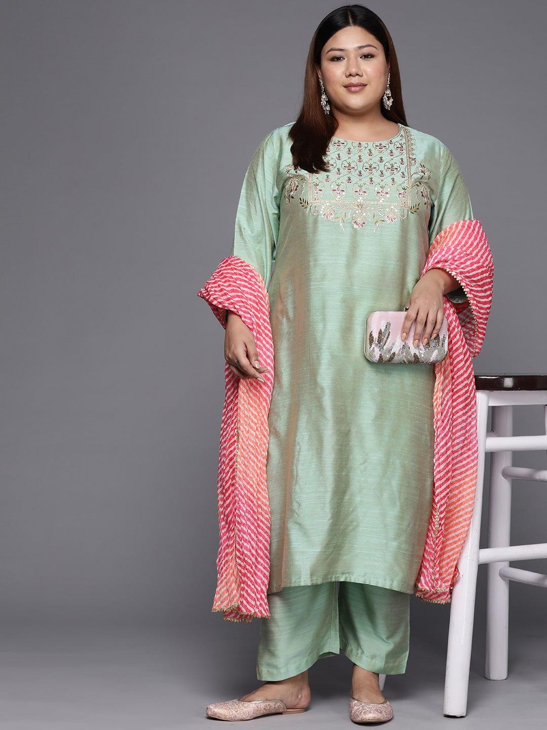 Varanga Women Plus Size Sea Green Embroidered Sequinned Kurta with Trousers & Dupatta - Indiakreations