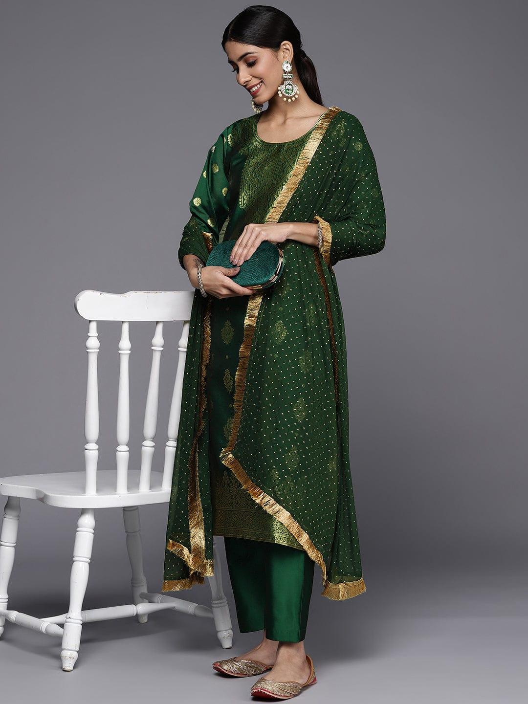 Varanga Women Green Ethnic Motifs Yoke Design Kurta with Trousers & With Dupatta - Indiakreations