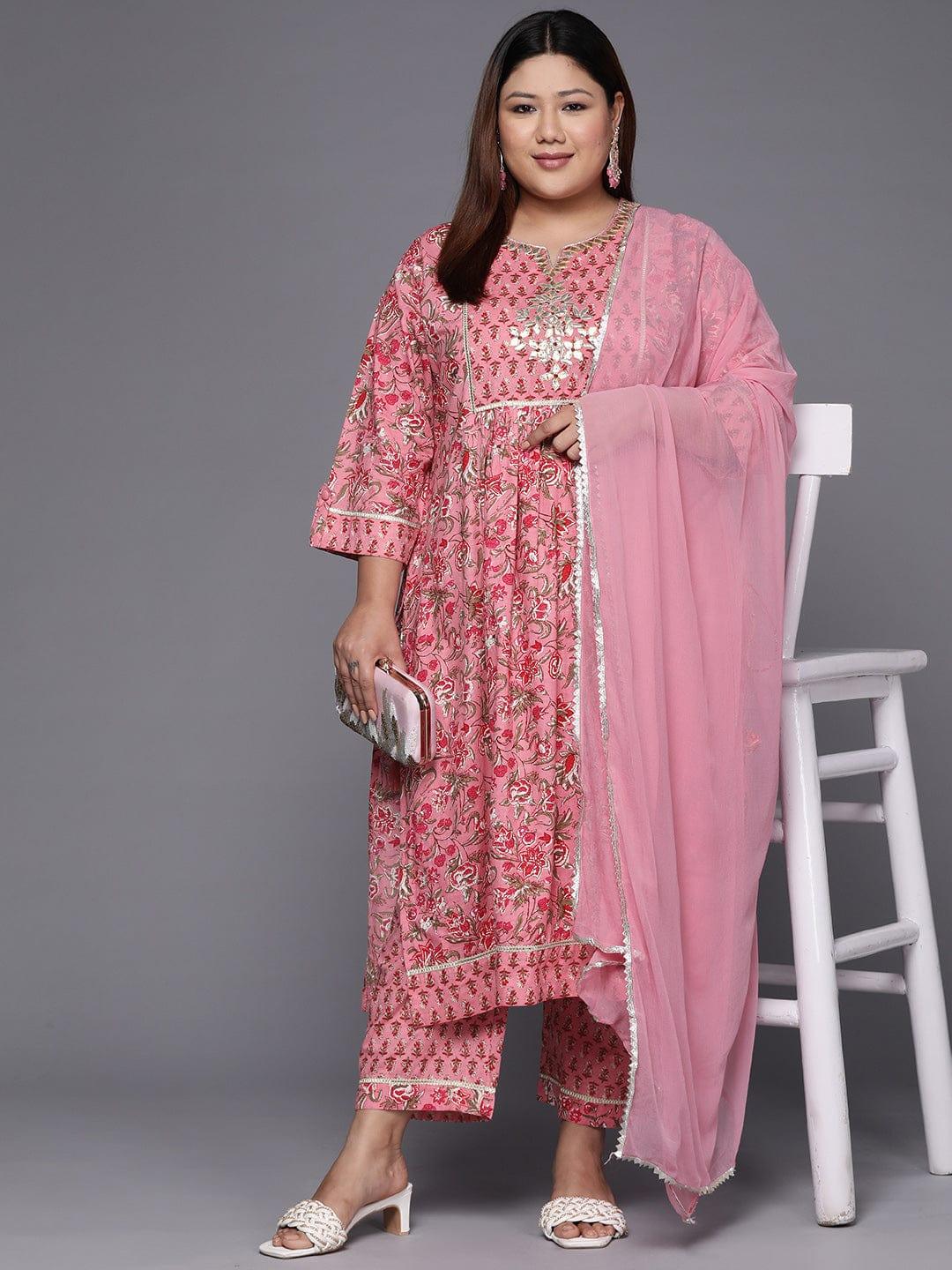 Varanga Women Plus Size Pink Floral Printed Gotta Patti Pure Cotton Kurta with Trousers & Dupatta - Indiakreations