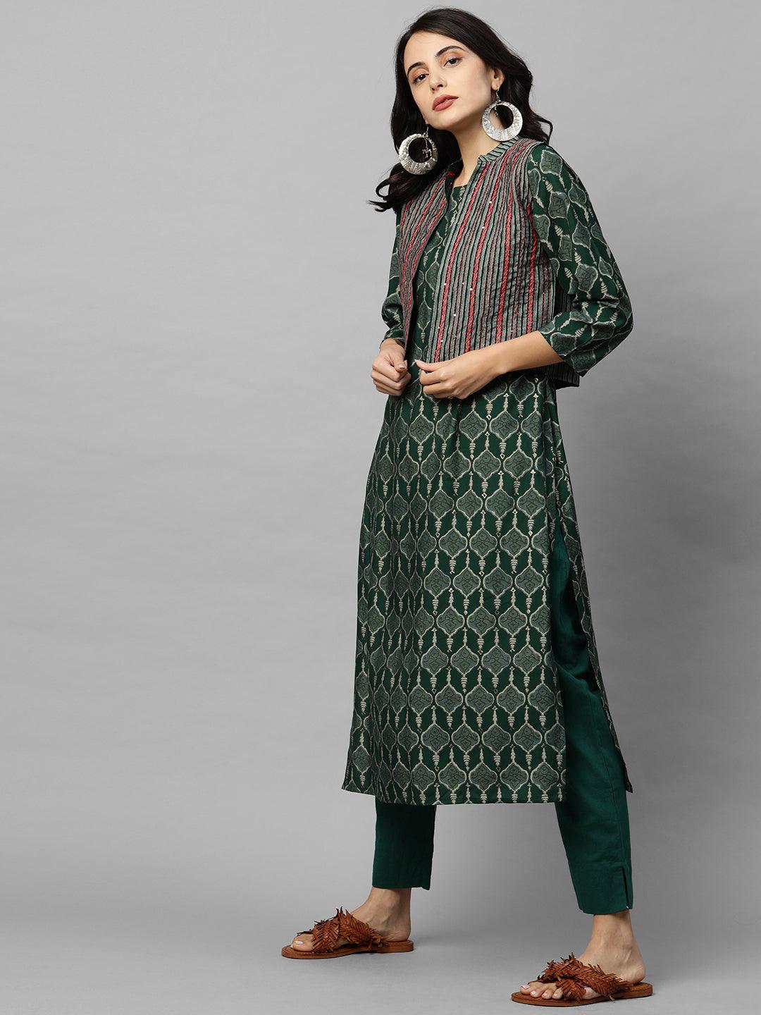 Ethnic Printed Kurta with Embroidered & Striped Jacket - Dark Green - Indiakreations