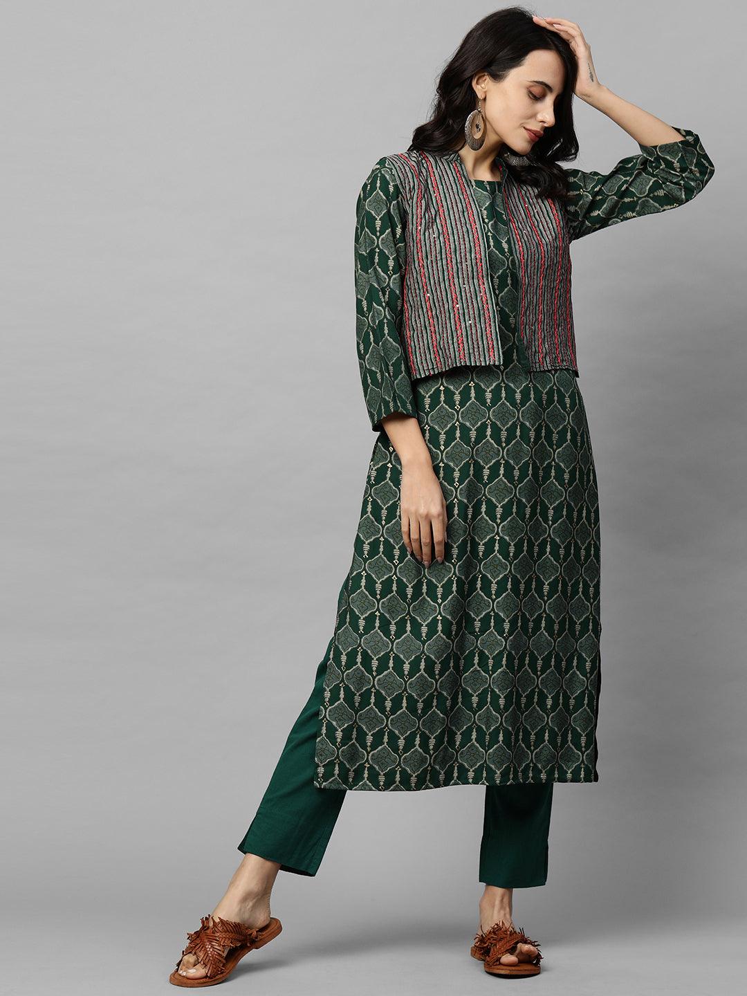 Ethnic Printed Kurta with Embroidered & Striped Jacket - Dark Green - Indiakreations