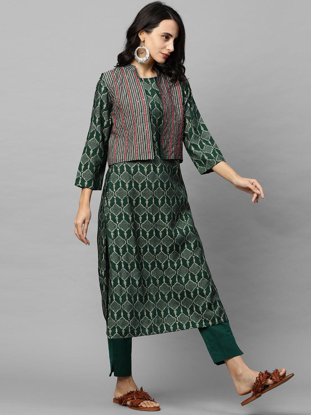 Ethnic Printed Kurta with Embroidered & Striped Jacket - Dark Green - Indiakreations