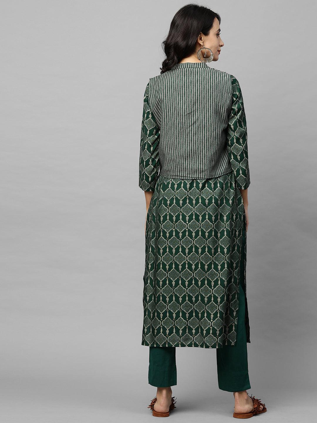 Ethnic Printed Kurta with Embroidered & Striped Jacket - Dark Green - Indiakreations