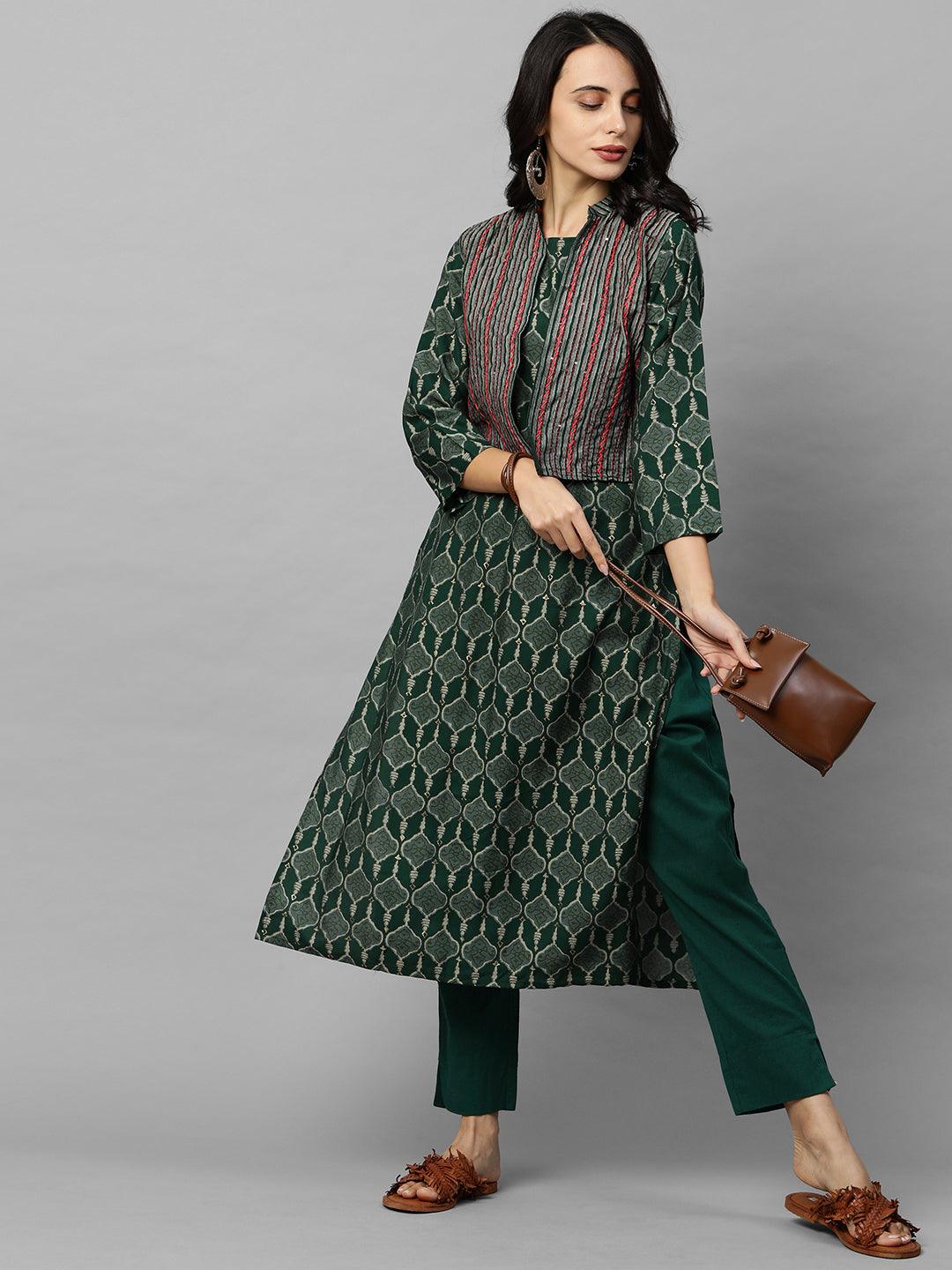 Ethnic Printed Kurta with Embroidered & Striped Jacket - Dark Green - Indiakreations