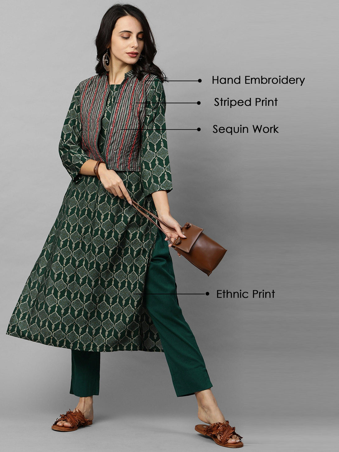 Ethnic Printed Kurta with Embroidered & Striped Jacket - Dark Green - Indiakreations