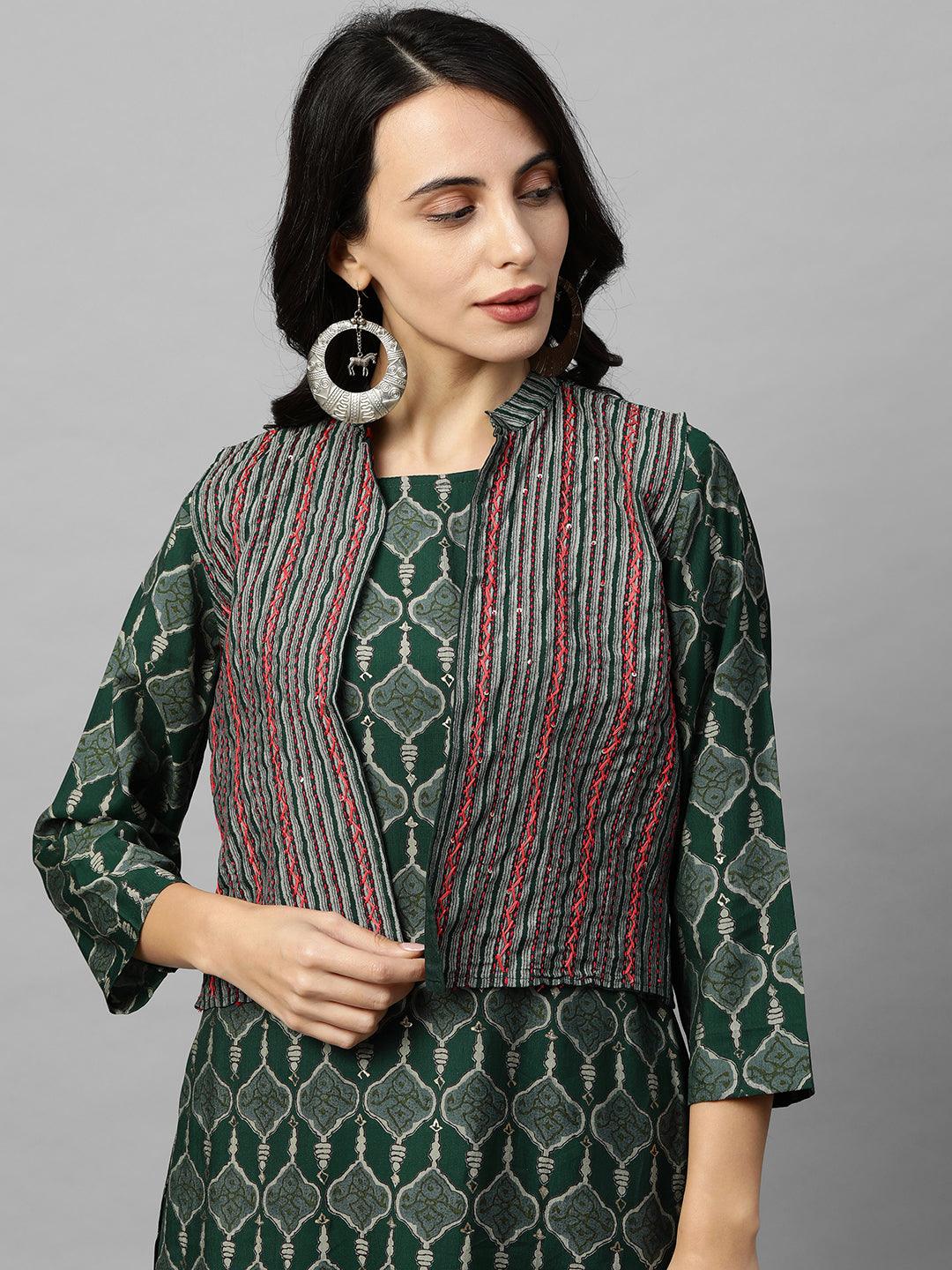 Ethnic Printed Kurta with Embroidered & Striped Jacket - Dark Green - Indiakreations