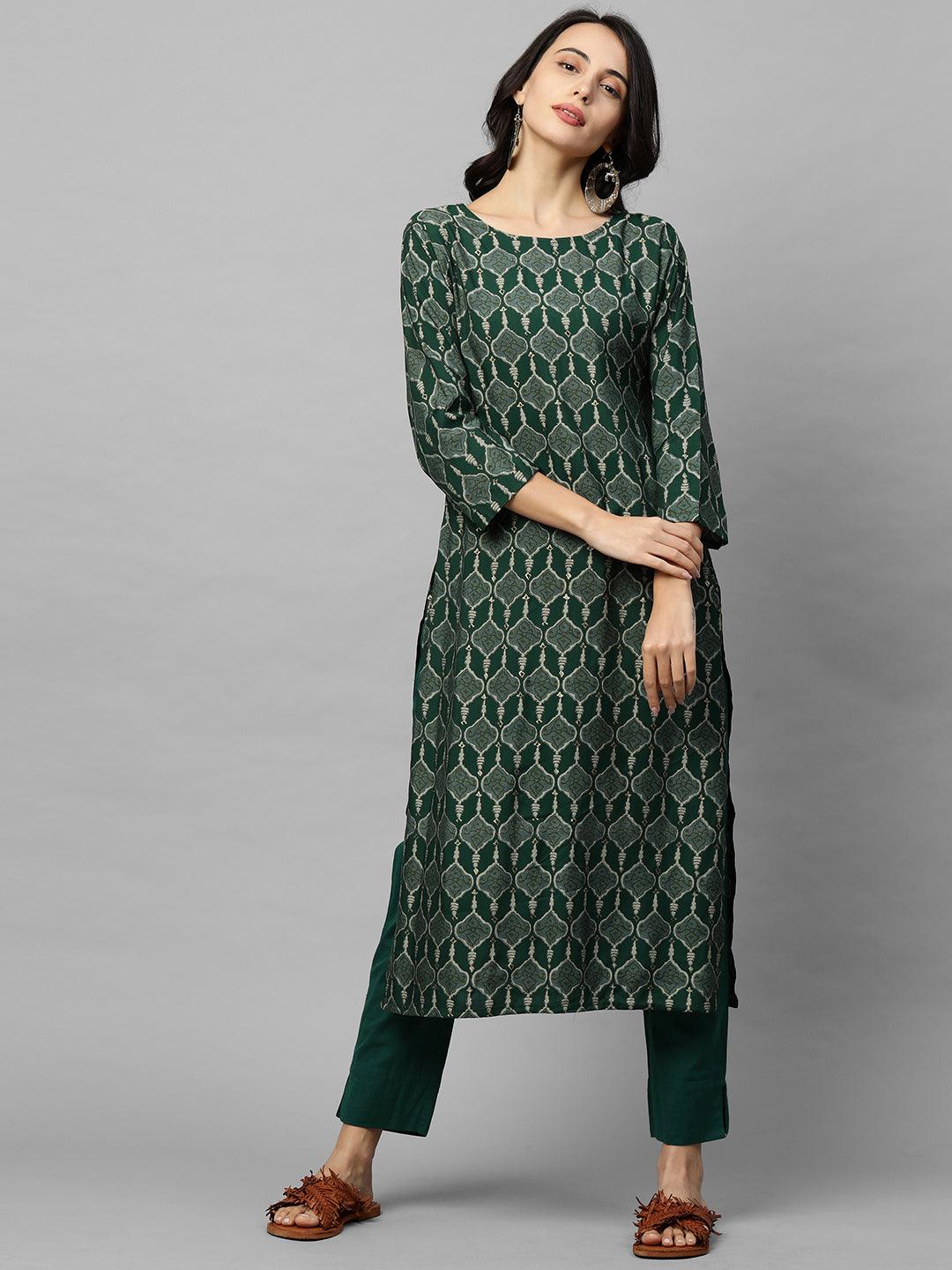 Ethnic Printed Kurta with Embroidered & Striped Jacket - Dark Green - Indiakreations