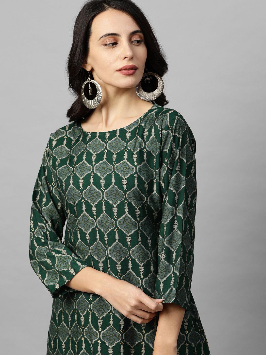 Ethnic Printed Kurta with Embroidered & Striped Jacket - Dark Green - Indiakreations