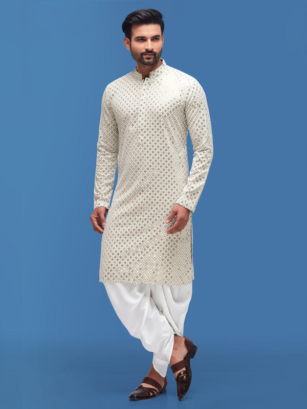 Men Off-White and Gold Toned Sequenced Embroidered Kurta